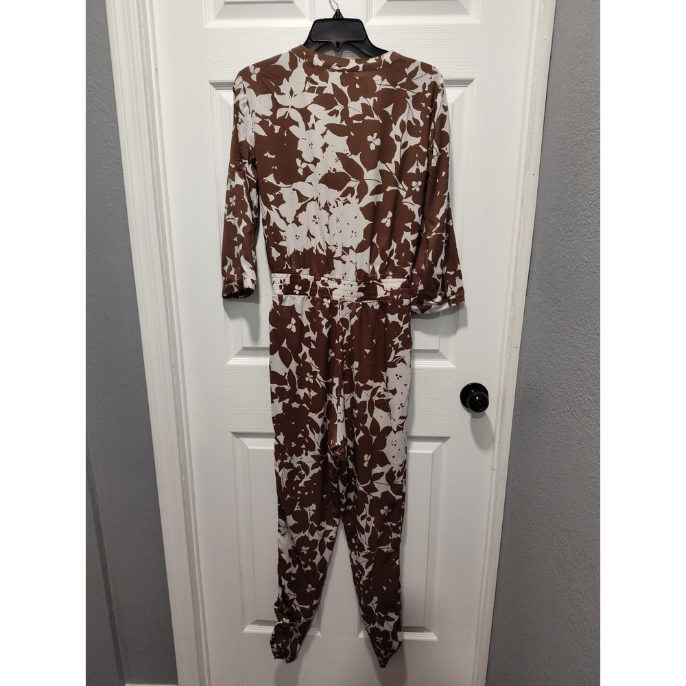 New York & Co‎ Womens Brown Cream Floral Leaf Print VNeck Jumpsuit Size XSmall - Picture 3 of 12